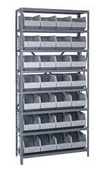The Quantum Shelving Unit measures 12D x 36L x 75H and has eight shelves, each supporting 400 lbs. It includes rows of 28 gray-black bins (12L x 8-1/4W x 7H, SSB423) with open fronts for easy access. The galvanized steel unit stands tall against a white background.