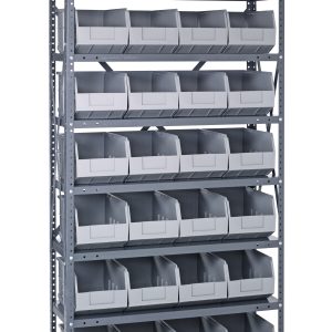 The Quantum Shelving Unit measures 12D x 36L x 75H and has eight shelves, each supporting 400 lbs. It includes rows of 28 gray-black bins (12L x 8-1/4W x 7H, SSB423) with open fronts for easy access. The galvanized steel unit stands tall against a white background.