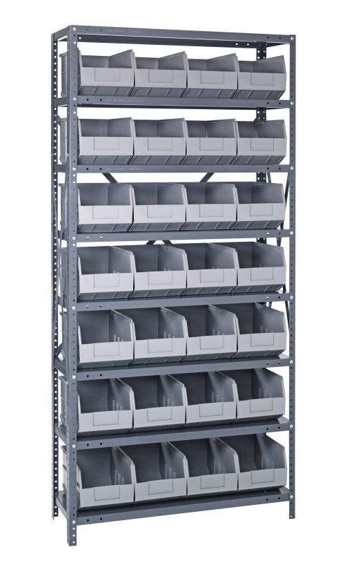 1275-243 gray The Quantum Shelving Unit measures 12D x 36L x 75H and has eight shelves, each supporting 400 lbs. It includes rows of 28 gray-black bins (12L x 8-1/4W x 7H, SSB423) with open fronts for easy access. The galvanized steel unit stands tall against a white background.