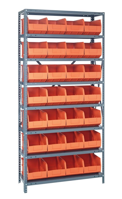 1275-243 orange The Quantum Shelving Unit, measuring 12D x 36L x 75H, features eight heavy-duty shelves each with a 400 lb. load capacity. It includes a robust galvanized steel frame and holds 28 orange black bins (12L x 8-1/4W x 7H), all open in front for organization and easy access.