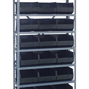 The Quantum Shelving Unit, 12D x 36L x 75H, features eight heavy-duty galvanized steel shelves with a load capacity of 400 lbs per shelf. It includes uprights, cross bars, and (21) SSB425 black bins (12L x 11W x 7H), perfect for organized storage with aesthetic appeal.