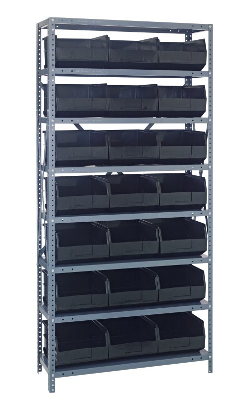 1275-245 blCK The Quantum Shelving Unit, 12D x 36L x 75H, features eight heavy-duty galvanized steel shelves with a load capacity of 400 lbs per shelf. It includes uprights, cross bars, and (21) SSB425 black bins (12L x 11W x 7H), perfect for organized storage with aesthetic appeal.