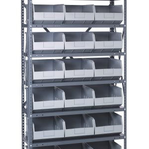 The Quantum Shelving Unit is a tall galvanized steel structure, measuring 12D x 36L x 75H. It includes eight shelves, each supporting up to 400 lb., and comes with 21 gray-black bins (12L x 11W x 7H), making it easy to organize essentials confidently.