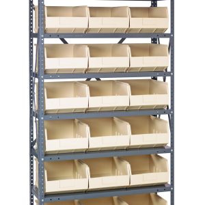 The Quantum Shelving Unit, measuring 12D x 36L x 75H, is a heavy-duty system with (8) adjustable shelves. Each shelf can support up to 400 lbs and includes (21) ivory black bins measuring 12L x 11W x 7H, open at the front for easy access and efficient organization.