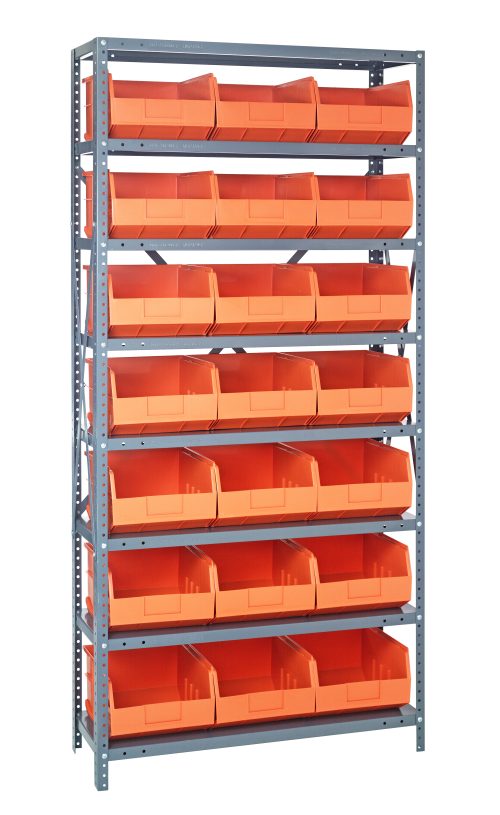 The Quantum Shelving Unit, measuring 12D x 36L x 75H, features eight shelves with a 400 lb. load capacity each. Its equipped with 21 orange bins (12L x 11W x 7H) and crafted from galvanized steel, making it a perfect heavy-duty storage solution.