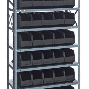 The Quantum Shelving Unit stands 75 high, with eight sturdy shelves, each holding multiple black SSB441 bins measuring 14L x 6W x 7H. It includes a total of 35 bins, supported by galvanized steel uprights and crossbars, with a load capacity of 400 lbs per shelf.