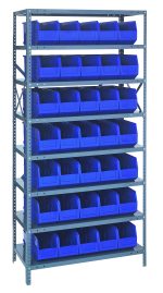The Quantum Shelving Unit, measuring 12D x 36L x 75H, features eight heavy-duty shelves with a 400 lb. capacity each. It holds 35 blue and black bins (14L x 6W x 7H) against a plain background, creating a neat and organized display with its galvanized steel finish.