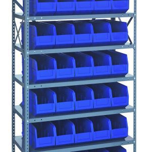 The Quantum Shelving Unit, measuring 12D x 36L x 75H, features eight heavy-duty shelves with a 400 lb. capacity each. It holds 35 blue and black bins (14L x 6W x 7H) against a plain background, creating a neat and organized display with its galvanized steel finish.