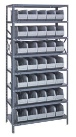 The Quantum Shelving Unit is heavy-duty with 8 shelves, each holding up to 400 lbs., and includes 35 gray-black bins (SSB441) sized at 14L x 6W x 7H. It stands at a tall 75 with open-front access for convenience and stability thanks to side cross-bracing and galvanized steel construction.