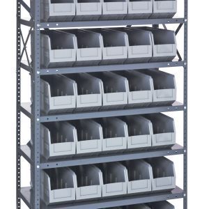 The Quantum Shelving Unit is heavy-duty with 8 shelves, each holding up to 400 lbs., and includes 35 gray-black bins (SSB441) sized at 14L x 6W x 7H. It stands at a tall 75 with open-front access for convenience and stability thanks to side cross-bracing and galvanized steel construction.