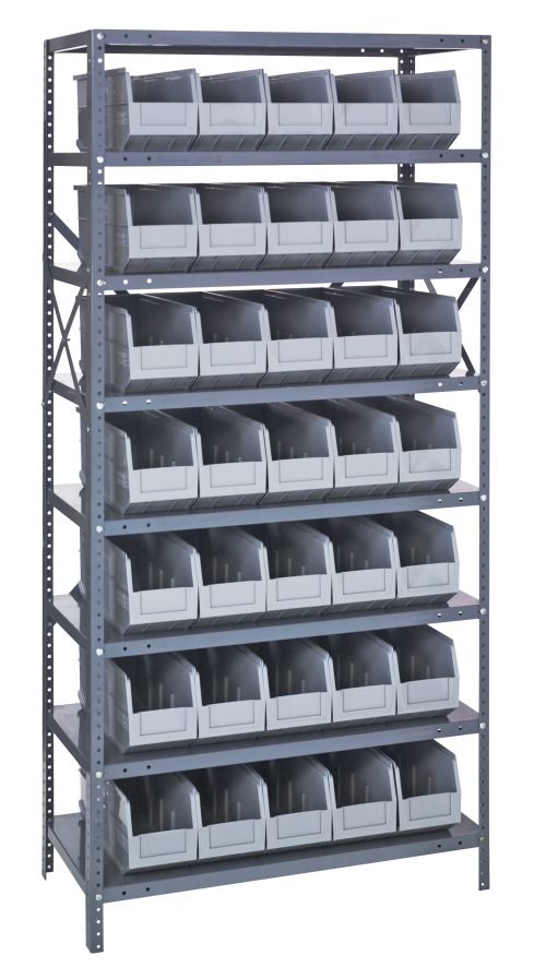 QSBU-461 gray The Quantum Shelving Unit is heavy-duty with 8 shelves, each holding up to 400 lbs., and includes 35 gray-black bins (SSB441) sized at 14L x 6W x 7H. It stands at a tall 75 with open-front access for convenience and stability thanks to side cross-bracing and galvanized steel construction.
