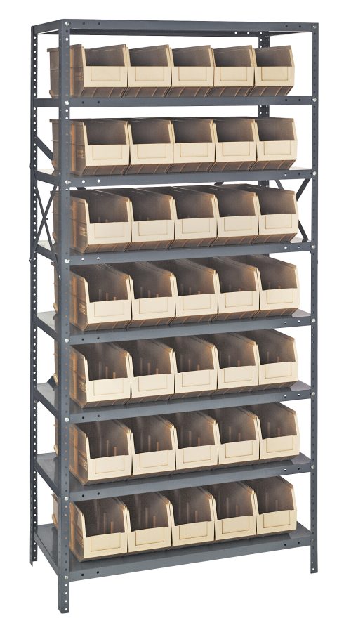 The Quantum Shelving Unit, measuring 12D x 36L x 75H, holds up to 400 lbs per shelf and includes eight shelves with 35 ivory black bins (14L x 6W x 7H SSB441). Its galvanized steel finish and industrial design provide a robust, organized look for any space.
