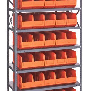 The Quantum Shelving Unit is a heavy-duty metal shelf measuring 12D x 36L x 75H. It includes eight shelves with a 400 lb. load capacity each, and comes with (35) 14L x 6W x 7H (SSB441) orange-black bins, providing an organized storage solution with uprights and cross bars in a galvanized steel finish.