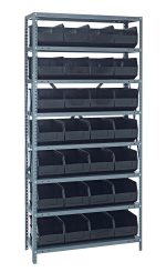The Quantum Shelving Unit, sized 12D x 36L x 75H, features eight sturdy galvanized steel shelves each holding black SSB443 bins (14L x 8-1/4W x 7H) for small item organization. This freestanding unit supports up to 400 lbs per shelf.