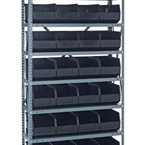 The Quantum Shelving Unit, sized 12D x 36L x 75H, features eight sturdy galvanized steel shelves each holding black SSB443 bins (14L x 8-1/4W x 7H) for small item organization. This freestanding unit supports up to 400 lbs per shelf.