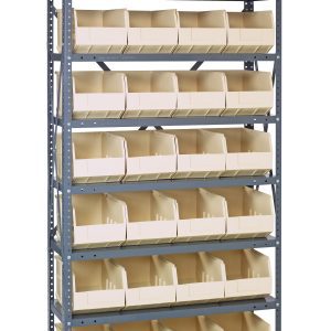 The Quantum Shelving Unit is a tall, heavy-duty galvanized steel shelf measuring 12D x 36L x 75H. It includes 8 shelves and 28 ivory black bins (14L x 8-1/4W x 7H), expertly arranged for organized storage with a load capacity of 400 lbs per shelf.