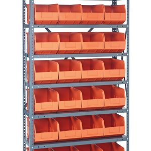 The Quantum Shelving Unit, 12D x 36L x 75H, with a load capacity of 400 lbs per shelf, features eight shelves filled with 28 orange bins (14L x 8-1/4W x 7H), ensuring organized storage and efficient space utilization. It includes uprights and cross bars in a galvanized steel finish.