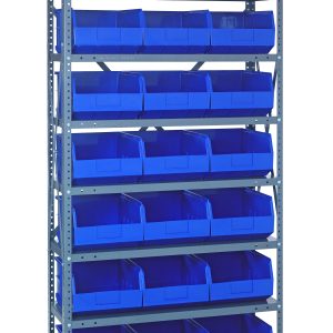 The Quantum Shelving Unit, 12D x 36L x 75H, offers a sturdy 400 lb. load capacity per shelf. It includes eight shelves with (21) SSB445 blue black bins and is constructed from galvanized steel for an organized appearance.