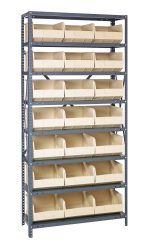 The Quantum Shelving Unit, measuring 12D x 36L x 75H with a galvanized steel finish, features eight shelves, each supporting up to 400 lbs. It includes twenty-one ivory black bins (14L x 11W x 7H) and offers organized storage against a plain white backdrop.