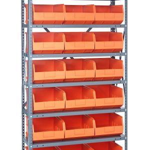 A Quantum Shelving Unit, measuring 12D x 36L x 75H, features a heavy-duty boltless design and a galvanized steel finish. It includes (8) shelves with a 400 lb. load capacity each and holds (21) orange black bins sized at 14L x 11W x 7H, supported by durable uprights and cross bars.