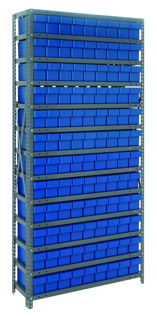 The Quantum Shelving Unit measures 12D x 36L x 75H and includes 13 shelves, each with a 400 lb. load capacity. It features a galvanized steel finish and comes with 108 Qed501 blue bins, making it perfect for organizing small items in workshops or storage areas.