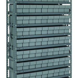 The Quantum Shelving Unit, measuring 12D x 36L x 75H, features a galvanized steel finish and includes 13 shelves with 108 gray black bins (11-5/8L x 3-3/4W x 4-5/8H), each shelf handling up to a 400 lb load. Ideal for efficient small item storage.