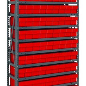 The Quantum Shelving Unit, 12D x 36L x 75H, with a capacity of 400 lbs per shelf, is equipped with 13 shelves and filled with neat rows of 108 red QED501 bins (11-5/8L x 3-3/4W x 4-5/8H), ensuring a uniformly organized space.