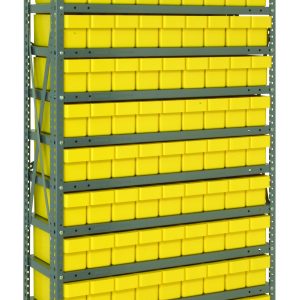 The Quantum Shelving Unit, measuring 12D x 36L x 75H, features a heavy-duty design with a 400 lb. load capacity per shelf. It includes 13 shelves and comes with 108 yellow Qed501 bins, which measure 11-5/8L x 3-3/4W x 4-5/8H, arranged neatly in a grid pattern for organized storage.