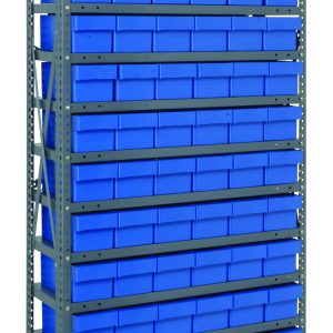 The Quantum Shelving Unit features a galvanized steel finish, measuring 12D x 36L x 75H. It has heavy-duty construction with a 400 lb. load capacity per shelf, includes X-bracing for stability, and comes with (13) shelves and (72) blue bins.