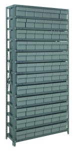 The Quantum Shelving Unit, measuring 12D x 36L x 75H with a load capacity of 400 lbs per shelf, includes 13 shelves and 72 gray black bins (11-5/8L x 5-9/16W x 4-5/8H). Made of galvanized steel with uprights and cross bars, its ideal for organizing tools or small items efficiently.