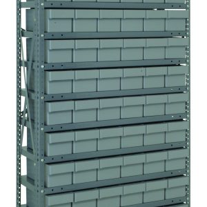 The Quantum Shelving Unit, measuring 12D x 36L x 75H with a load capacity of 400 lbs per shelf, includes 13 shelves and 72 gray black bins (11-5/8L x 5-9/16W x 4-5/8H). Made of galvanized steel with uprights and cross bars, its ideal for organizing tools or small items efficiently.