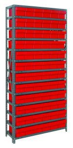 The Quantum Shelving Unit, measuring 12D x 36L x 75H, features a heavy-duty build with a 400 lb. capacity per shelf. It includes 13 shelves and comes with 72 (Qed601) red/black bins, uprights, and cross bars in a galvanized steel finish for organized storage in workshops or warehouses.