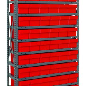 The Quantum Shelving Unit, measuring 12D x 36L x 75H, features a heavy-duty build with a 400 lb. capacity per shelf. It includes 13 shelves and comes with 72 (Qed601) red/black bins, uprights, and cross bars in a galvanized steel finish for organized storage in workshops or warehouses.