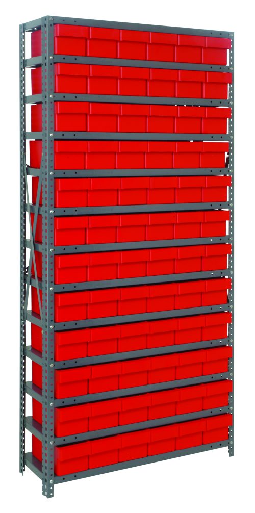 The Quantum Shelving Unit, measuring 12D x 36L x 75H, features a heavy-duty build with a 400 lb. capacity per shelf. It includes 13 shelves and comes with 72 (Qed601) red/black bins, uprights, and cross bars in a galvanized steel finish for organized storage in workshops or warehouses.