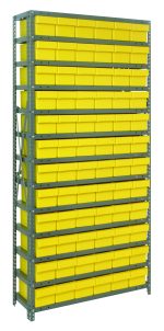 A tall Quantum Shelving Unit, 12D x 36L x 75H, with a gray frame and galvanized steel finish, features thirteen shelves holding seventy-two bright yellow QED601 bins in rows.