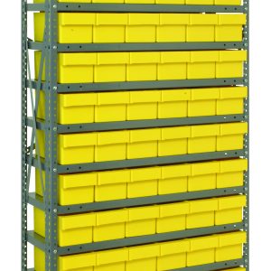 A tall Quantum Shelving Unit, 12D x 36L x 75H, with a gray frame and galvanized steel finish, features thirteen shelves holding seventy-two bright yellow QED601 bins in rows.