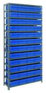 The Quantum Shelving Unit is 12D X 36L X 75H, has a 400 lb. load capacity per shelf, includes 13 shelves with cross-bracing, and comes with 48 blue bins (11-5/8L x 8-3/8W x 4-5/8H) for optimal organization. It features a durable galvanized steel finish.