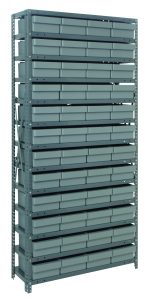 The Quantum Shelving Unit measures 12D x 36L x 75H and offers a robust design with a load capacity of 400 lbs per shelf. It includes 13 shelves, 48 gray-black bins, uprights, and cross bars in a galvanized steel finish—ideal for industrial or organizational use.