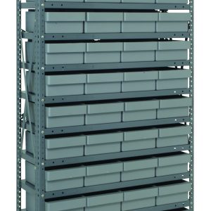 The Quantum Shelving Unit measures 12D x 36L x 75H and offers a robust design with a load capacity of 400 lbs per shelf. It includes 13 shelves, 48 gray-black bins, uprights, and cross bars in a galvanized steel finish—ideal for industrial or organizational use.