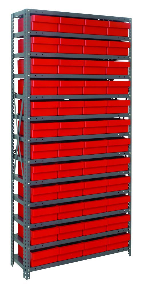 The Quantum Shelving Unit is a tall, galvanized steel design with dimensions of 12D x 36L x 75H. It features 13 heavy-duty shelves, each with a 400 lb load capacity, and includes 48 red-black bins for organized storage solutions.