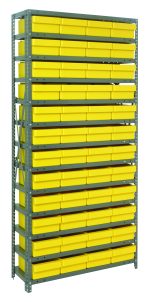 The Quantum Shelving Unit, measuring 12D x 36L x 75H, features a heavy-duty build with a load capacity of 400 lbs. per shelf. Equipped with galvanized steel finish, it includes 13 shelves and 48 QED701 yellow bins (11-5/8L x 8-3/8W x 4-5/8H), providing vibrant and efficient organization against the gray frame.