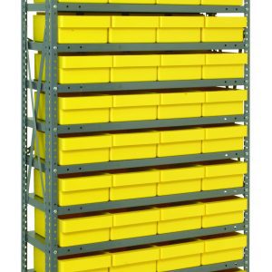 The Quantum Shelving Unit, measuring 12D x 36L x 75H, features a heavy-duty build with a load capacity of 400 lbs. per shelf. Equipped with galvanized steel finish, it includes 13 shelves and 48 QED701 yellow bins (11-5/8L x 8-3/8W x 4-5/8H), providing vibrant and efficient organization against the gray frame.