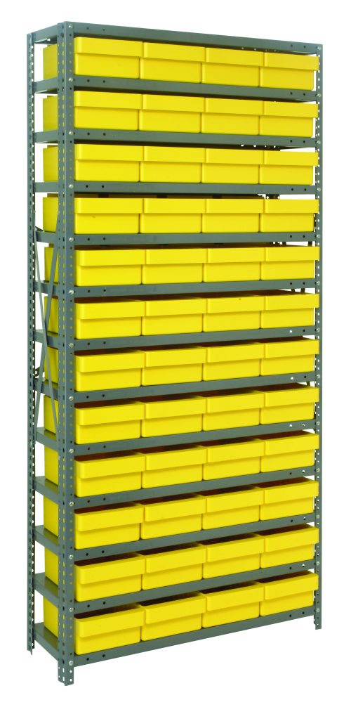 The Quantum Shelving Unit, measuring 12D x 36L x 75H, features a heavy-duty build with a load capacity of 400 lbs. per shelf. Equipped with galvanized steel finish, it includes 13 shelves and 48 QED701 yellow bins (11-5/8L x 8-3/8W x 4-5/8H), providing vibrant and efficient organization against the gray frame.