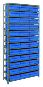 The Quantum Shelving Unit, measuring 12D x 36L x 75H, features 13 heavy-duty shelves supporting up to 400 lbs each. It comes with 36 blue-black bins (11-5/8L x 11-1/8W x 4-5/8H) for efficient organization. Made from galvanized steel with included uprights and cross bars.