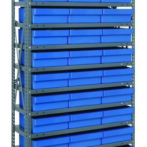 The Quantum Shelving Unit, measuring 12D x 36L x 75H, features 13 heavy-duty shelves supporting up to 400 lbs each. It comes with 36 blue-black bins (11-5/8L x 11-1/8W x 4-5/8H) for efficient organization. Made from galvanized steel with included uprights and cross bars.