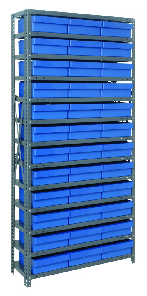 The Quantum Shelving Unit, measuring 12D x 36L x 75H, features 13 heavy-duty shelves supporting up to 400 lbs each. It comes with 36 blue-black bins (11-5/8L x 11-1/8W x 4-5/8H) for efficient organization. Made from galvanized steel with included uprights and cross bars.