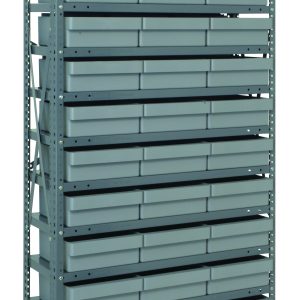 The Quantum Shelving Unit, measuring 12D x 36L x 75H, features galvanized steel construction with a load capacity of 400 lb. per shelf. It includes 13 shelves and 36 uniform gray black bins (11-5/8L x 11-1/8W x 4-5/8H), securely fitted into its perforated frame with uprights and cross bars.