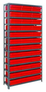 The Quantum Shelving Unit, measuring 12D x 36L x 75H, features a galvanized steel finish and includes 13 heavy-duty shelves with a 400 lb. load capacity each. It comes with neatly stacked red bins and has a simple industrial design with evenly spaced tiers.