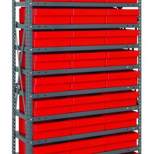 The Quantum Shelving Unit, measuring 12D x 36L x 75H, features a galvanized steel finish and includes 13 heavy-duty shelves with a 400 lb. load capacity each. It comes with neatly stacked red bins and has a simple industrial design with evenly spaced tiers.