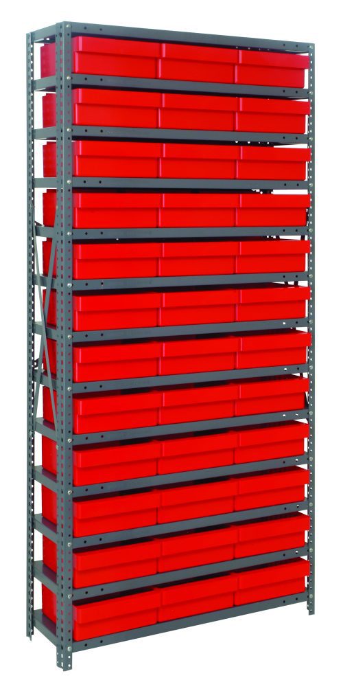 1275-801_RD.jpg The Quantum Shelving Unit, measuring 12D x 36L x 75H, features a galvanized steel finish and includes 13 heavy-duty shelves with a 400 lb. load capacity each. It comes with neatly stacked red bins and has a simple industrial design with evenly spaced tiers.